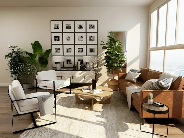 A residents' lounge with a leather sofa, armchairs and natural light