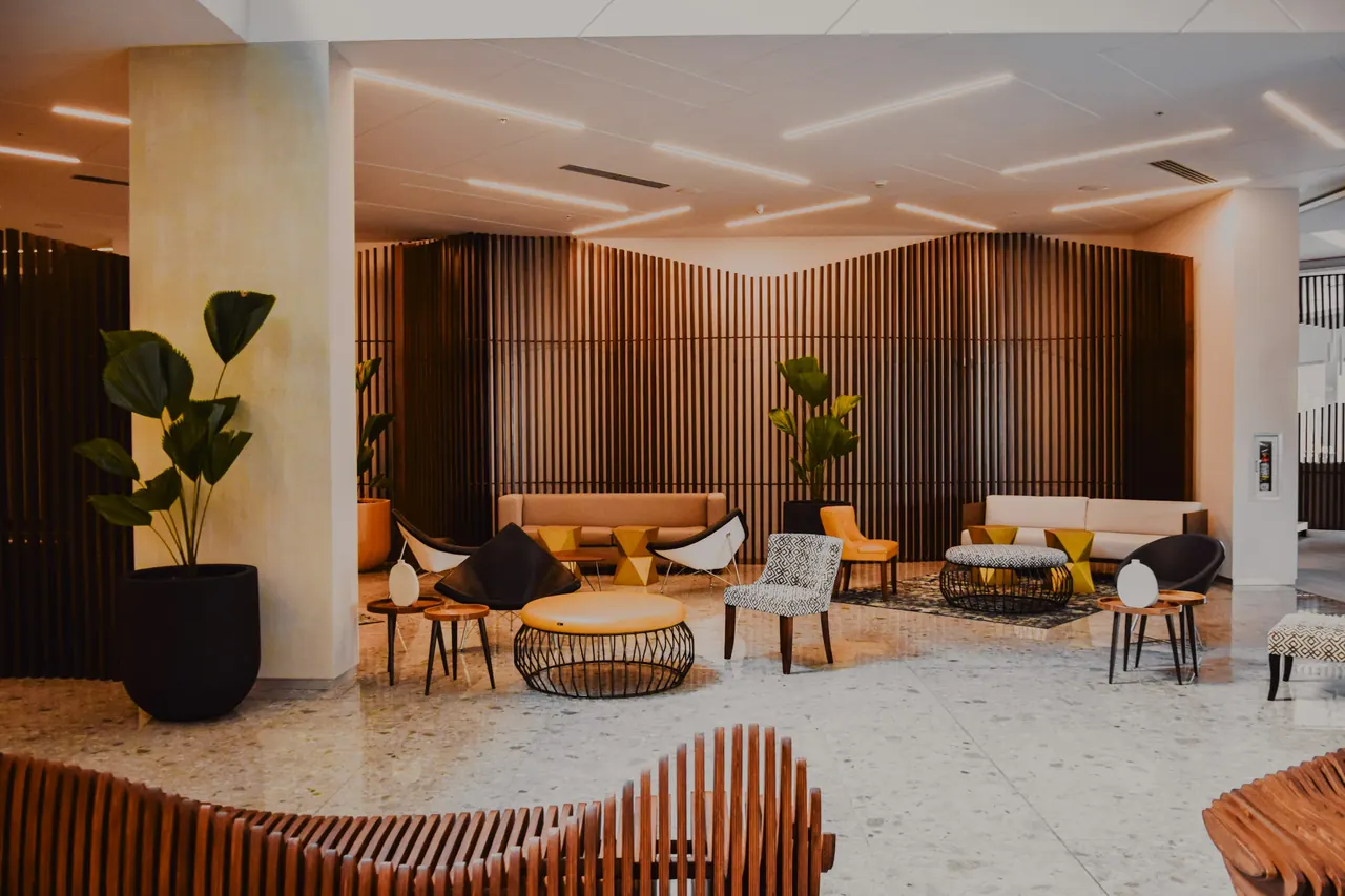 The Norqavi lobby with low lounge seating